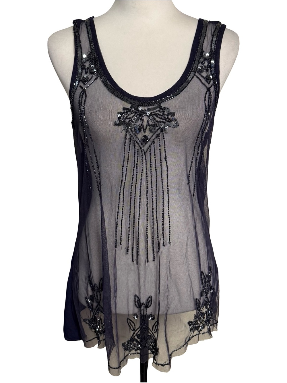 VTG Vanity Navy Blue Sequin Mesh Tank Top Art Deco Beaded Sheer Flapper Y2K M